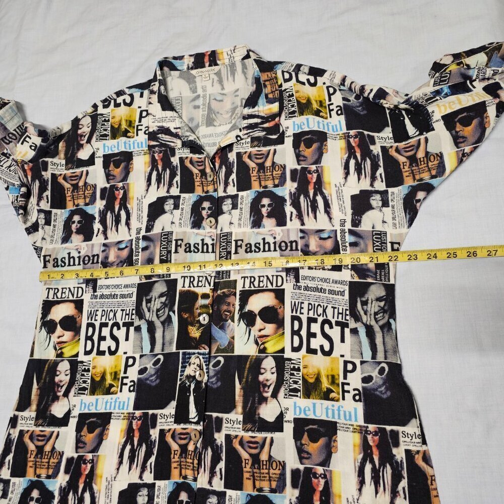 John Mark Women Graphic Button Up Collared Top Blouse Shirt Size L Deep Slits - Picture 7 of 13